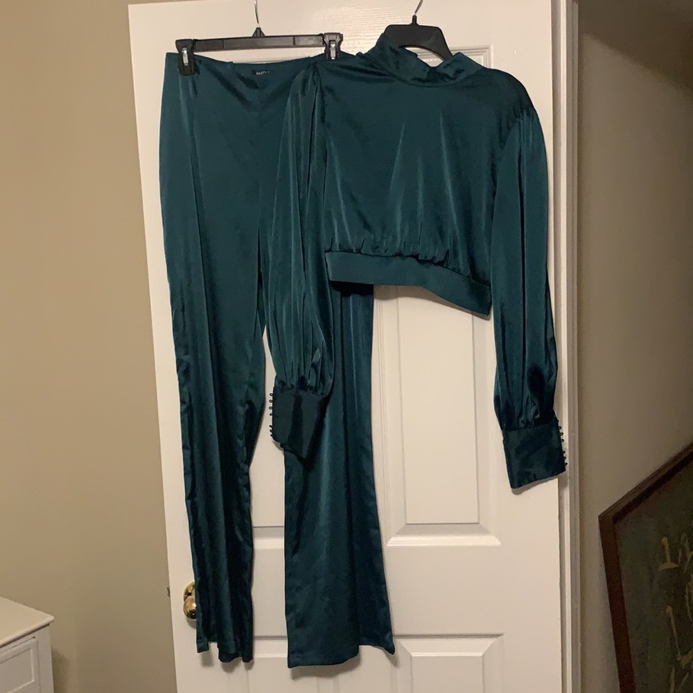 Nasty Gal Emerald Green Satin-y Two Piece Set